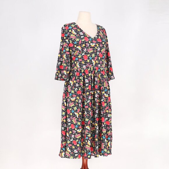 NWT DOLLY & DOTTY Black & Rainbow Retro Print Flare Dress Size 12 - Picture 3 of 9